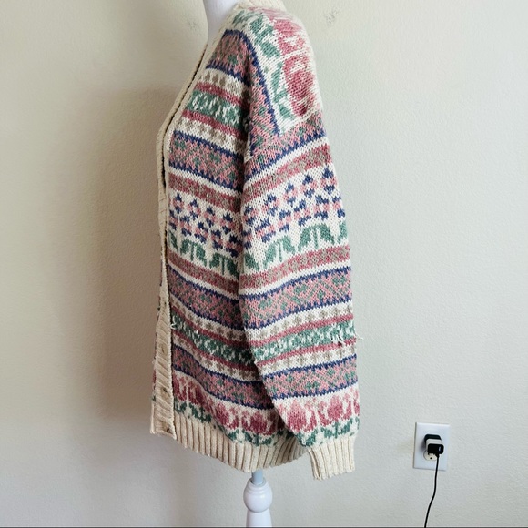 VTG Liz Sport Cream Pink & Light Green Chunky Button Up Cardigan Sweater - Picture 3 of 15